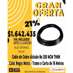 Cable de Cobre Aislado No 350 MCM THHN Color Negro Metro - Tramo o Corta de 16 Metros