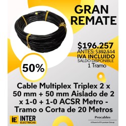 Cable Multiplex Triplex 2 x 50 mm + 50 mm Aislado de 2 x 1-0 + 1-0 ACSR Metro - Tramo o Corta de 20 Metros