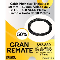 Cable Multiplex Triplex 2 x 50 mm + 50 mm Aislado de 2 x 1-0 + 1-0 ACSR Metro - Tramo o Corta de 10 Metros